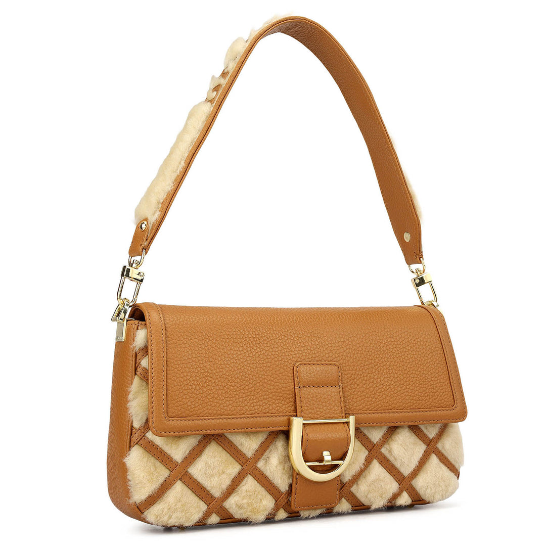 Small Fur Wax Leather Baguette - Beige & Caramel