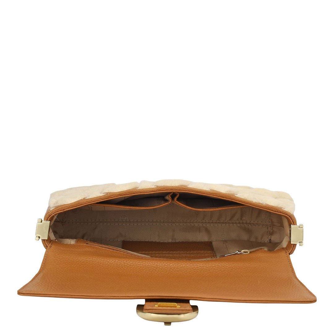 Small Fur Wax Leather Baguette - Beige & Caramel