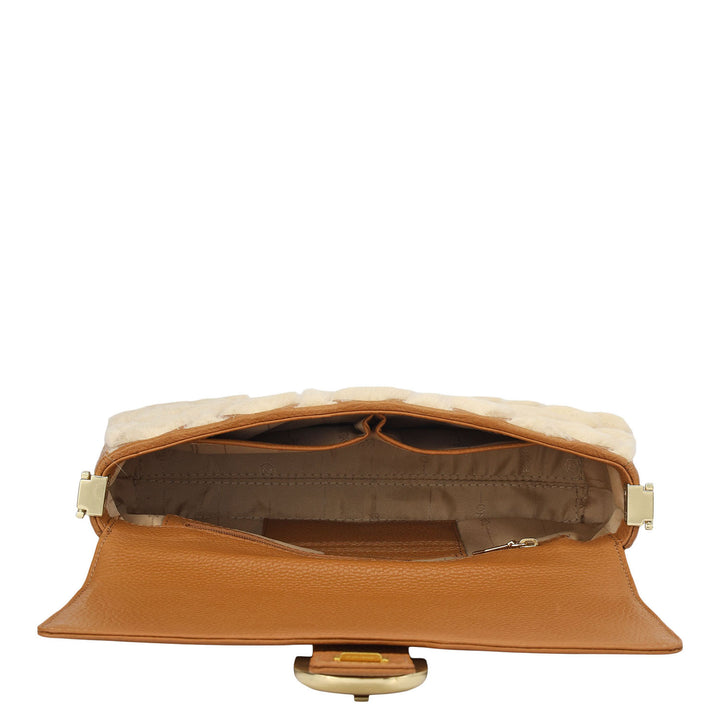 Small Fur Wax Leather Baguette - Beige & Caramel