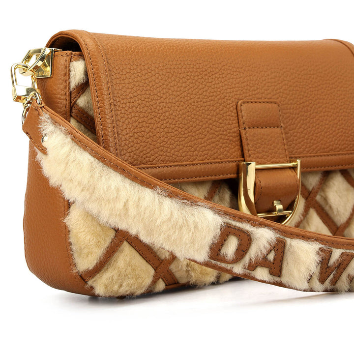 Small Fur Wax Leather Baguette - Beige & Caramel