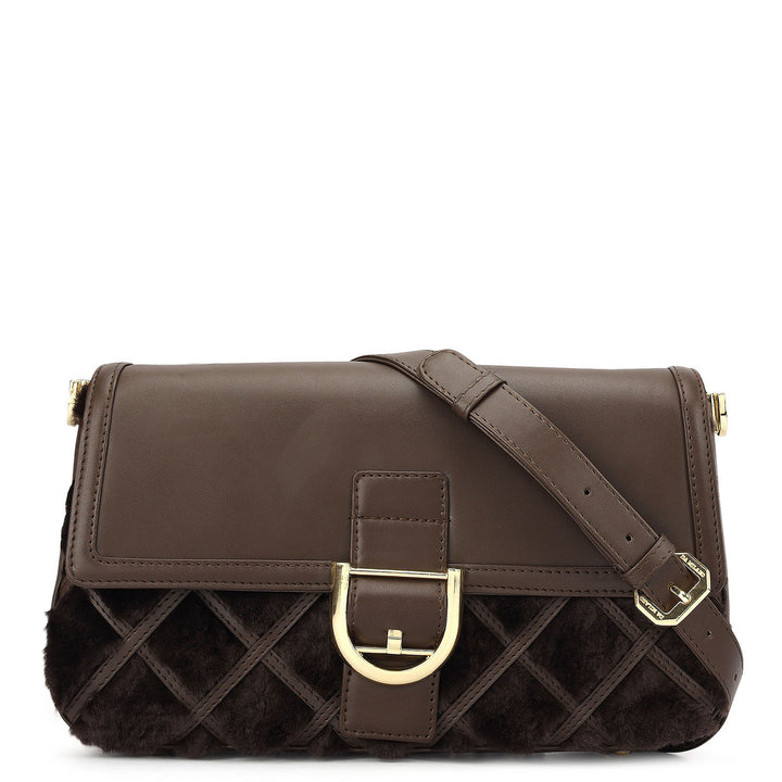 Small Fur Plain Leather Baguette - Brown