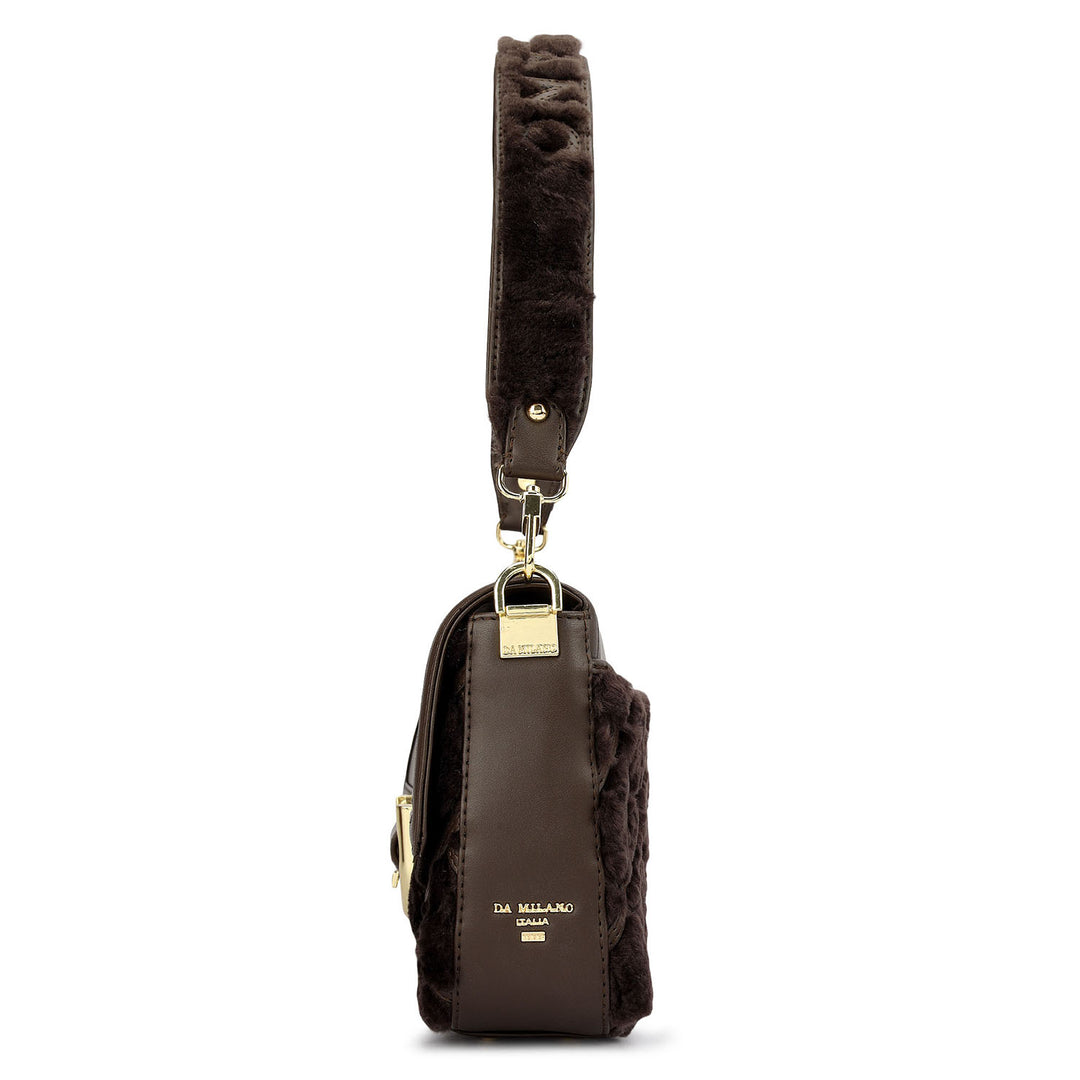 Small Fur Plain Leather Baguette - Brown