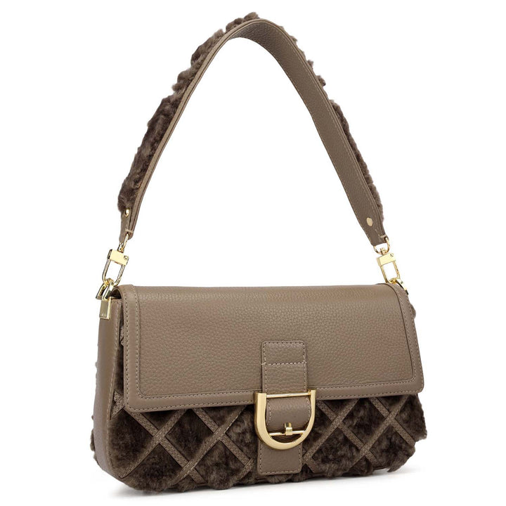 Small Fur Wax Leather Baguette - Grey & Taupe