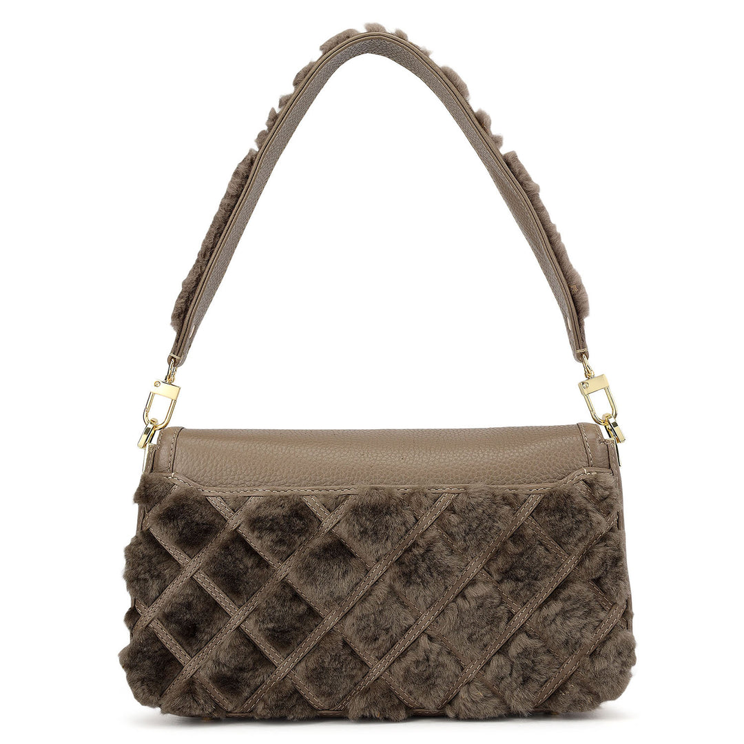 Small Fur Wax Leather Baguette - Grey & Taupe