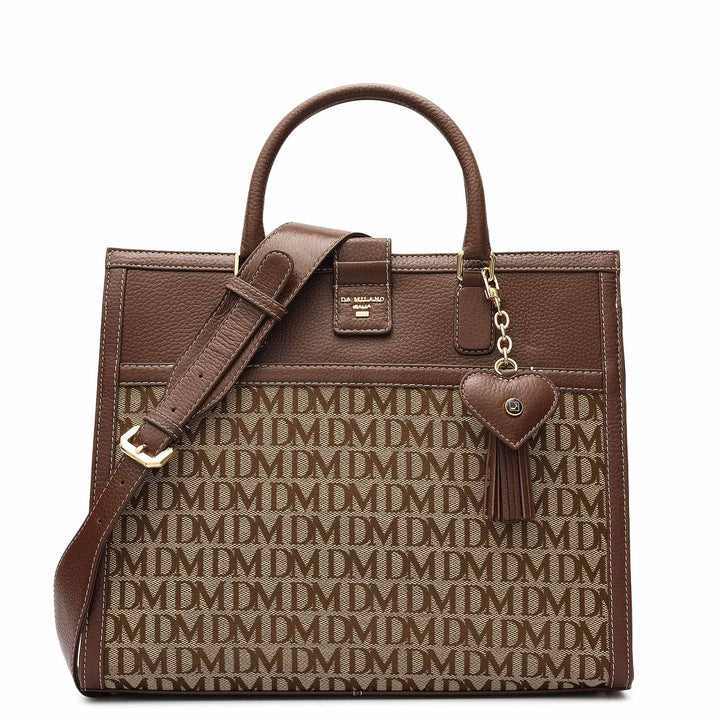 Medium Canvas Wax Leather Book Tote - Beige & Espresso