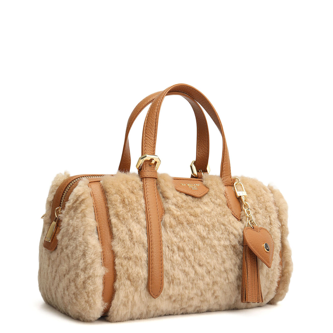 Small Fur Wax Leather Bowler - Beige