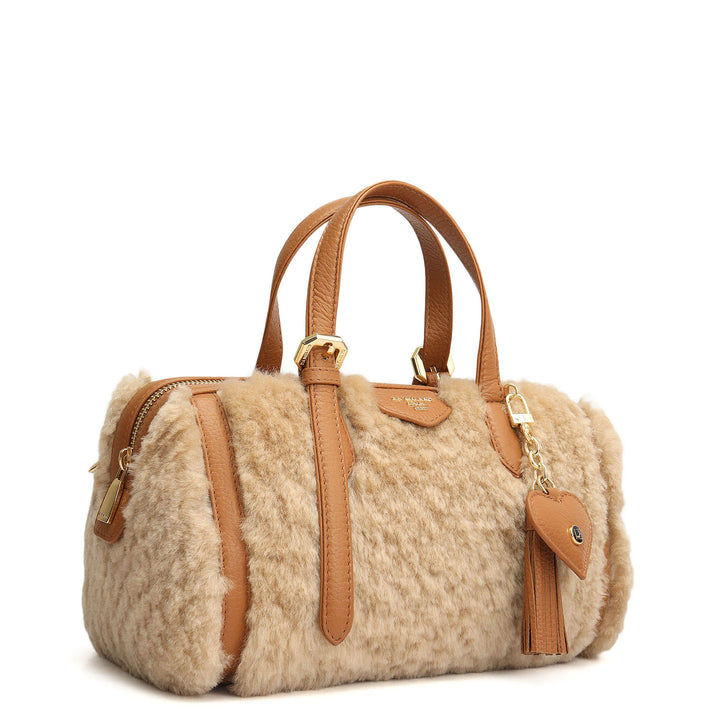 Small Fur Wax Leather Bowler - Beige