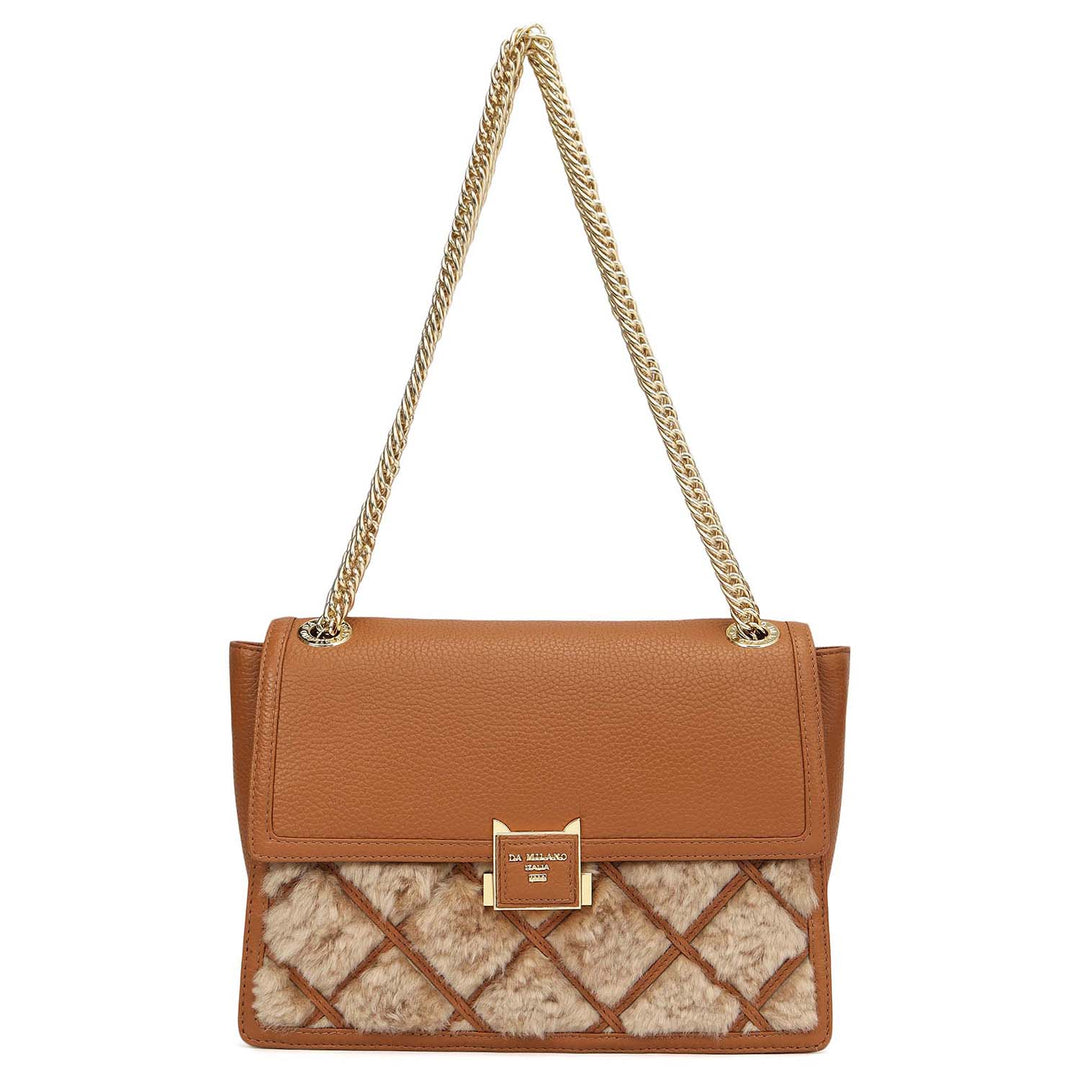 Small Fur Wax Leather Shoulder Bag - Beige & Caramel