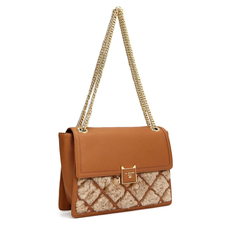 Small Fur Wax Leather Shoulder Bag - Beige & Caramel