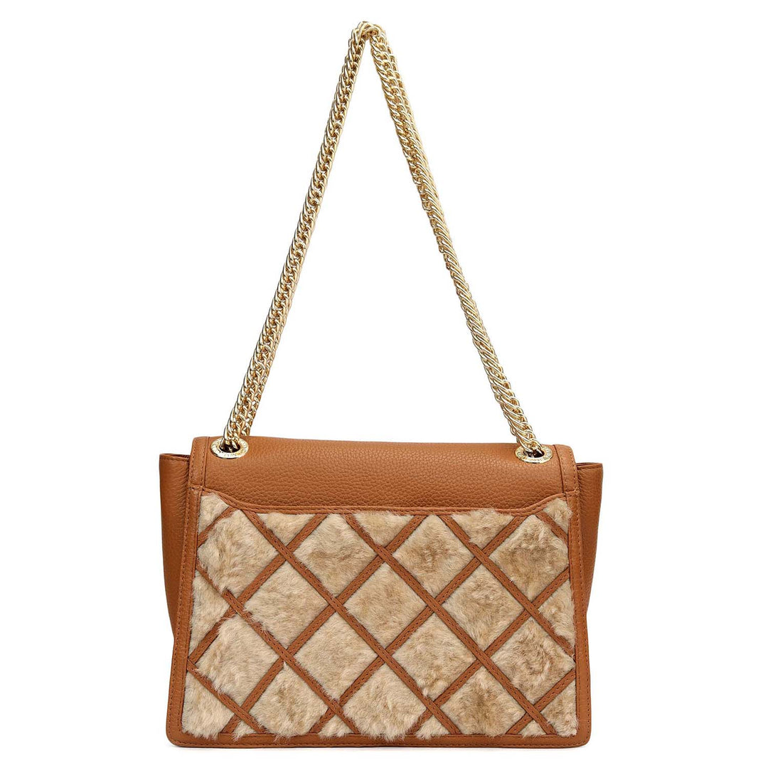 Small Fur Wax Leather Shoulder Bag - Beige & Caramel