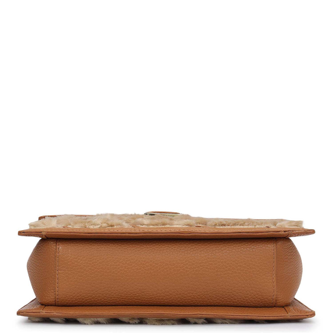 Small Fur Wax Leather Shoulder Bag - Beige & Caramel