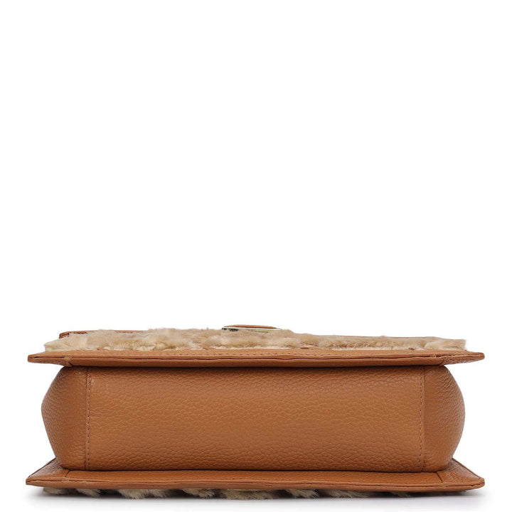 Small Fur Wax Leather Shoulder Bag - Beige & Caramel