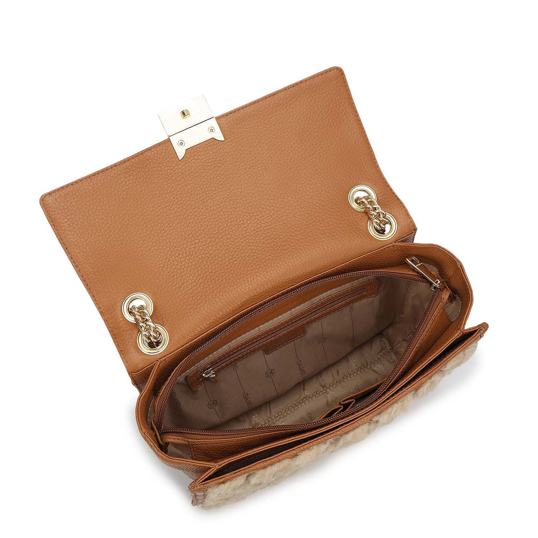 Small Fur Wax Leather Shoulder Bag - Beige & Caramel