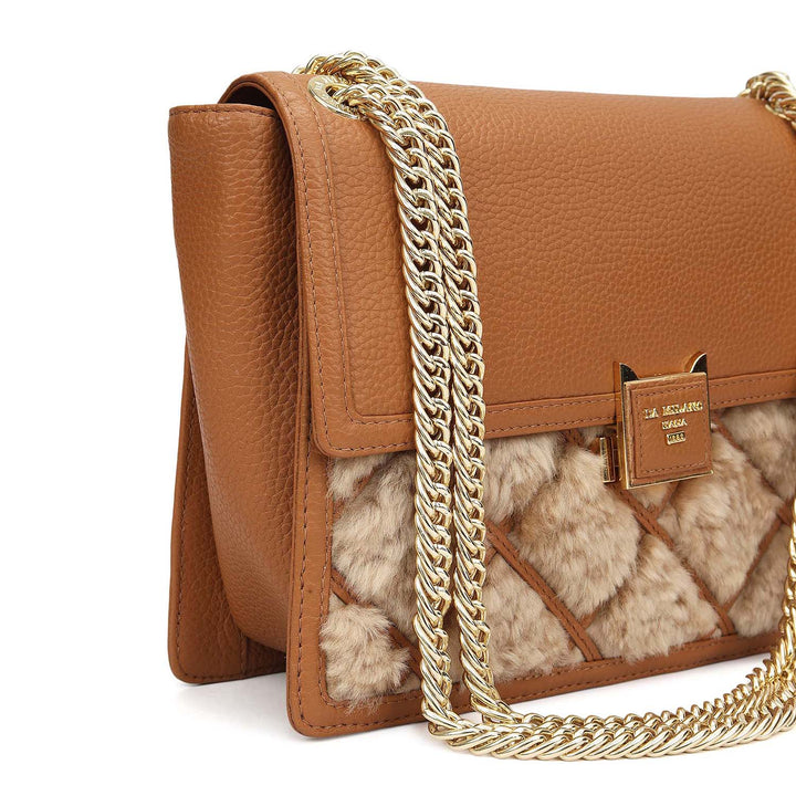 Small Fur Wax Leather Shoulder Bag - Beige & Caramel