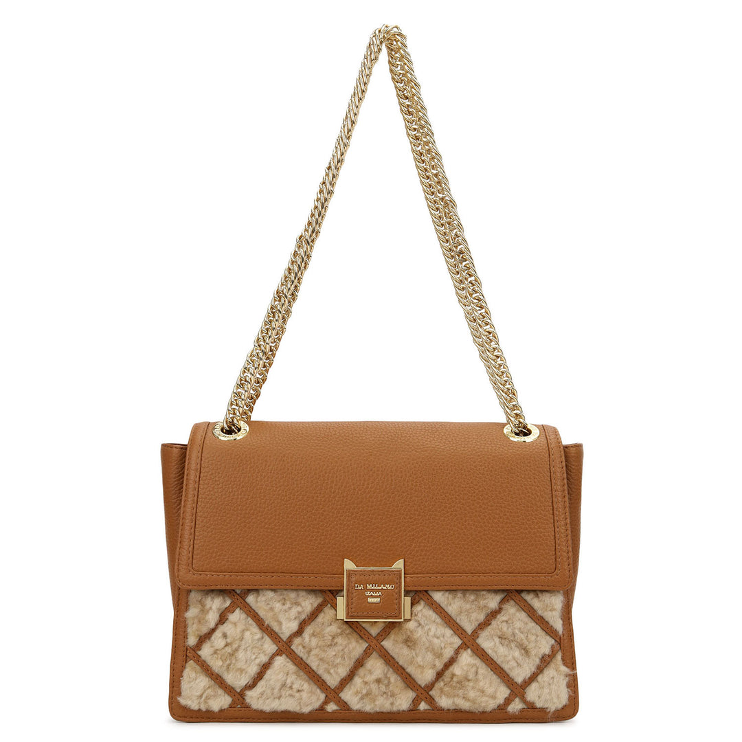 Fur Double Chain Bag - Beige & Cognac