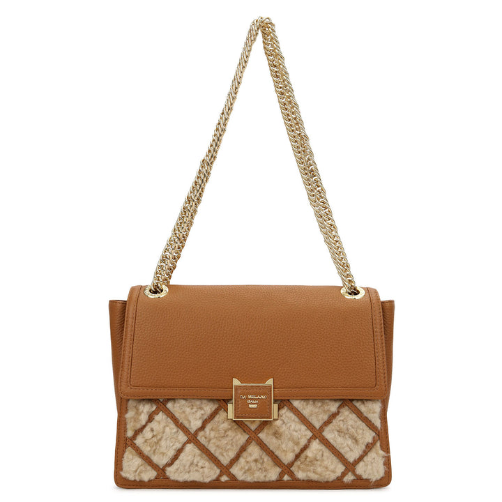 Fur Double Chain Bag - Beige & Cognac