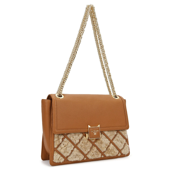 Fur Double Chain Bag - Beige & Cognac