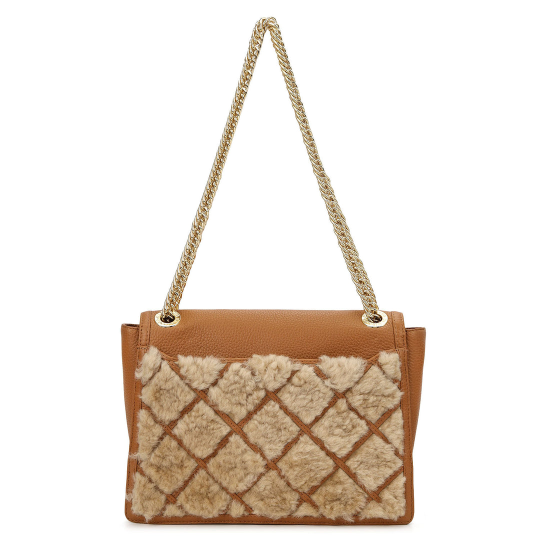 Fur Double Chain Bag - Beige & Cognac