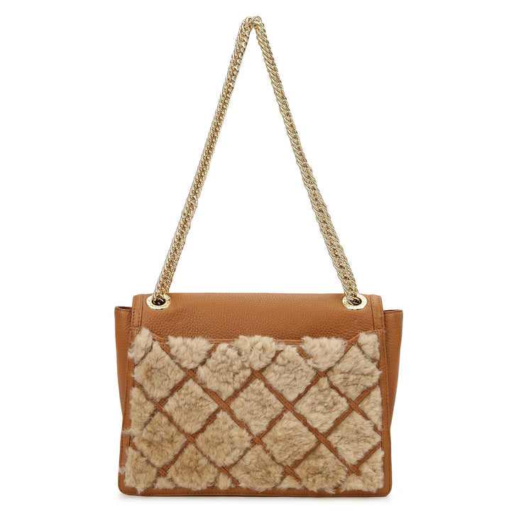 Fur Double Chain Bag - Beige & Cognac