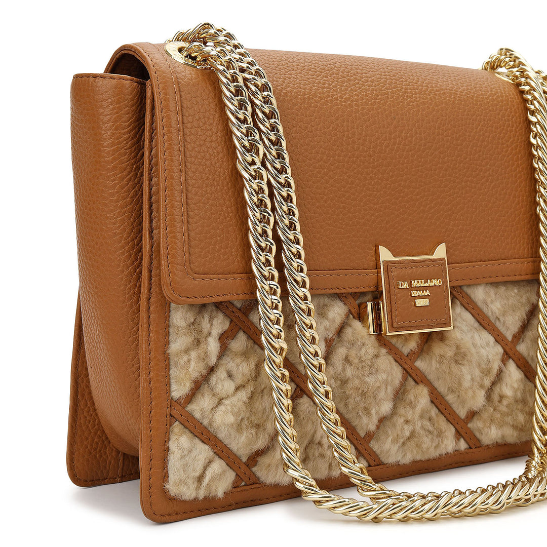 Fur Double Chain Bag - Beige & Cognac