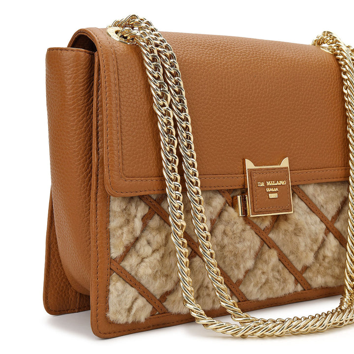 Fur Double Chain Bag - Beige & Cognac