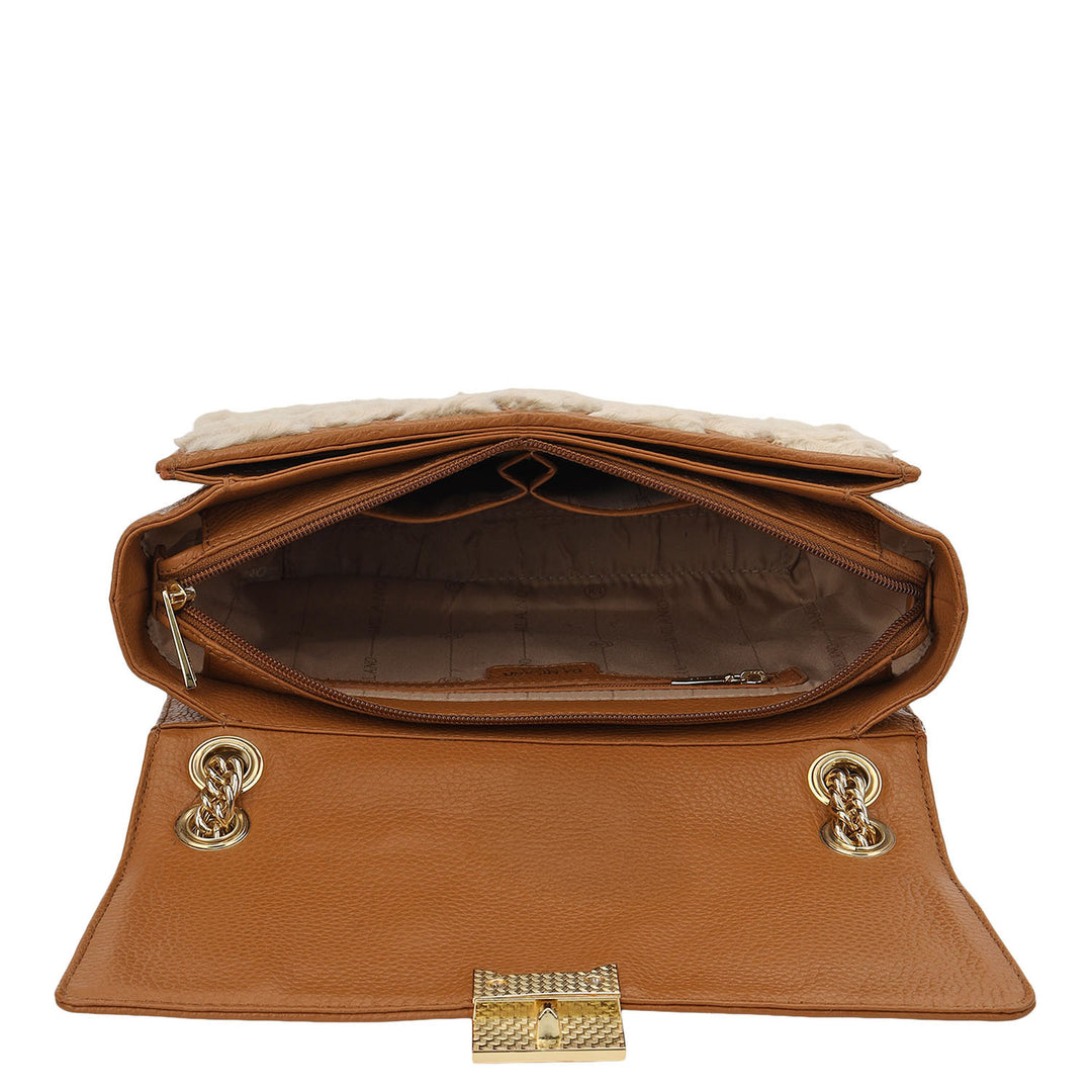 Fur Double Chain Bag - Beige & Cognac