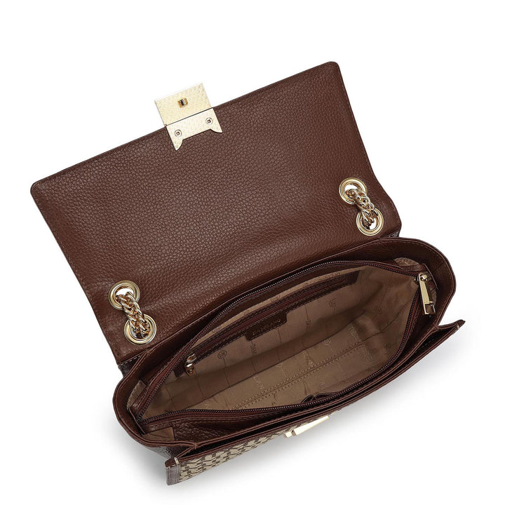 Small Canvas Wax Leather Shoulder Bag - Beige & Espresso