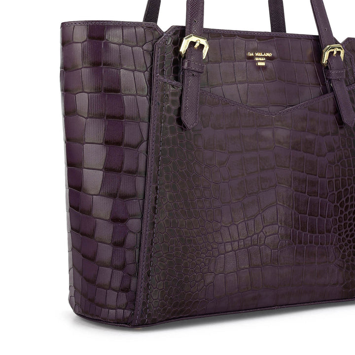 Medium Croco Leather Tote - Grapevine