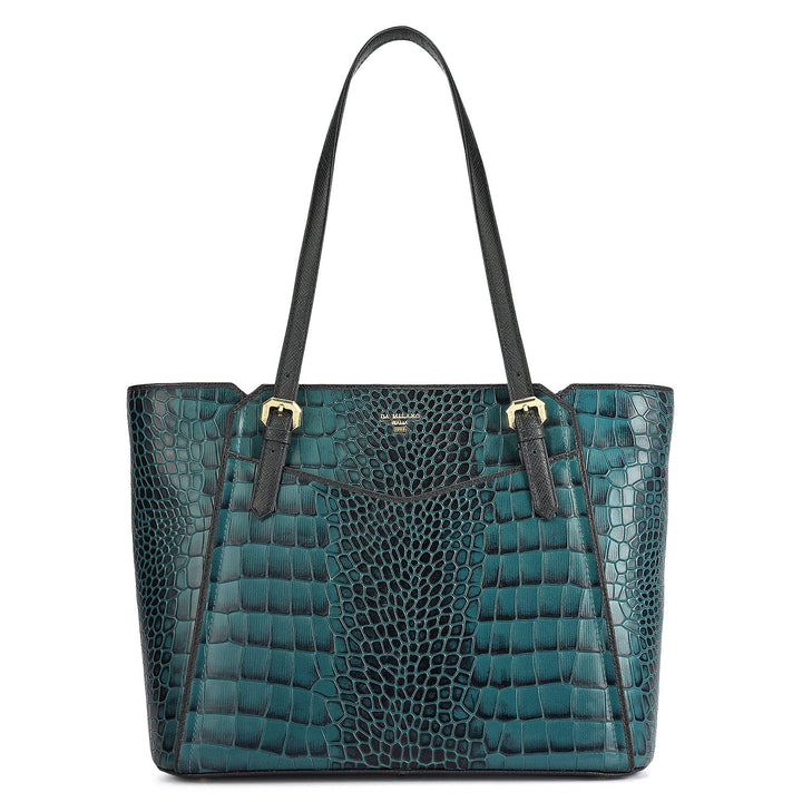 Medium Croco Leather Tote - Teal