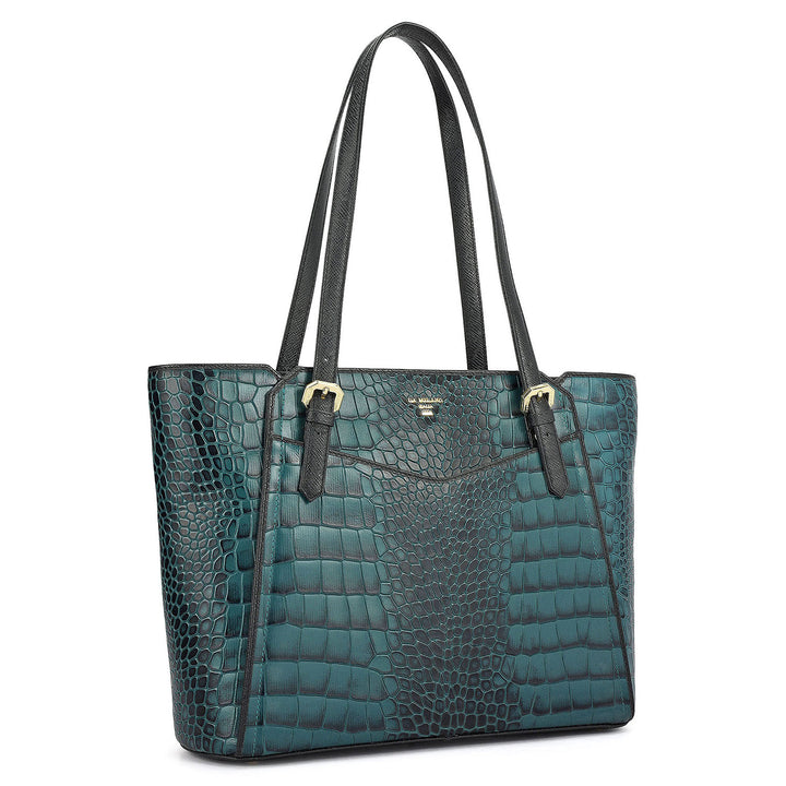 Medium Croco Leather Tote - Teal