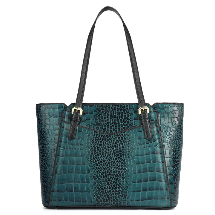 Medium Croco Leather Tote - Teal