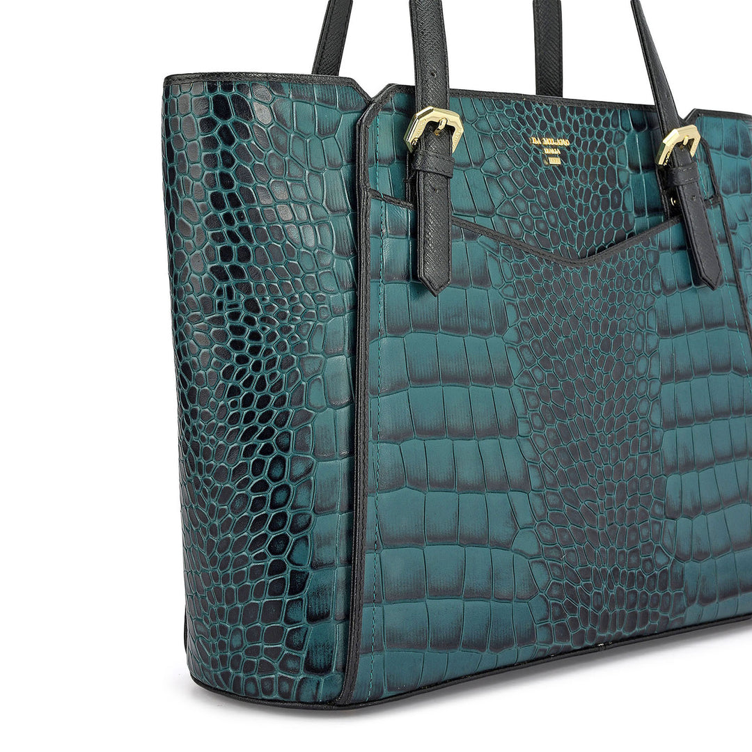 Medium Croco Leather Tote - Teal