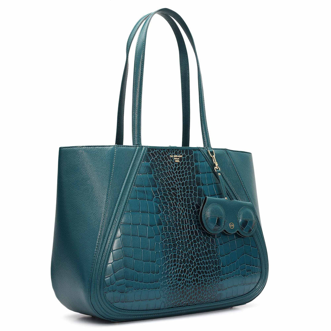 Large Croco Franzy Leather Tote - Teal