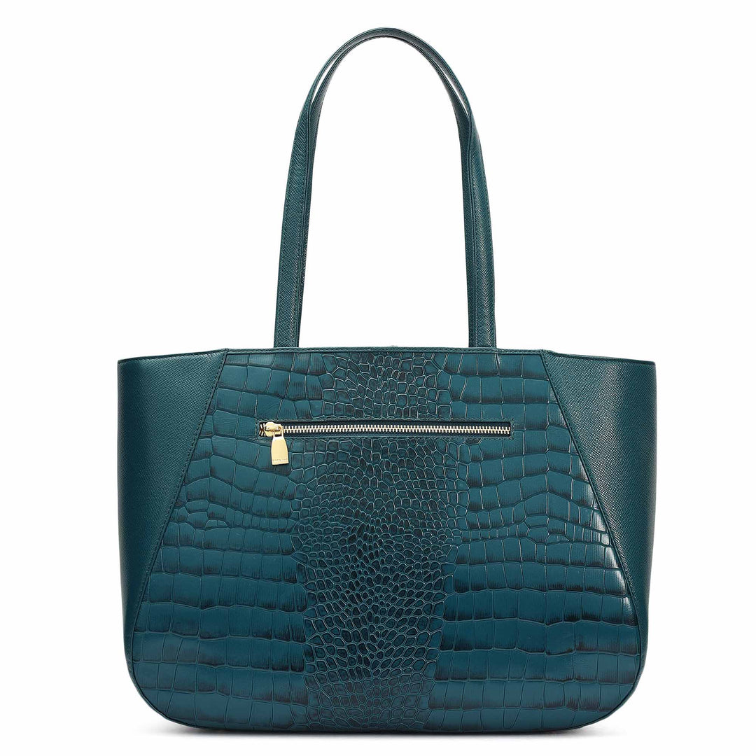 Large Croco Franzy Leather Tote - Teal