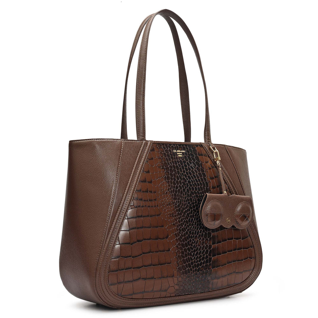 Large Croco Franzy Leather Tote - Walnut