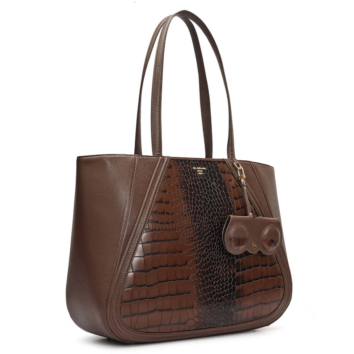 Large Croco Franzy Leather Tote - Walnut