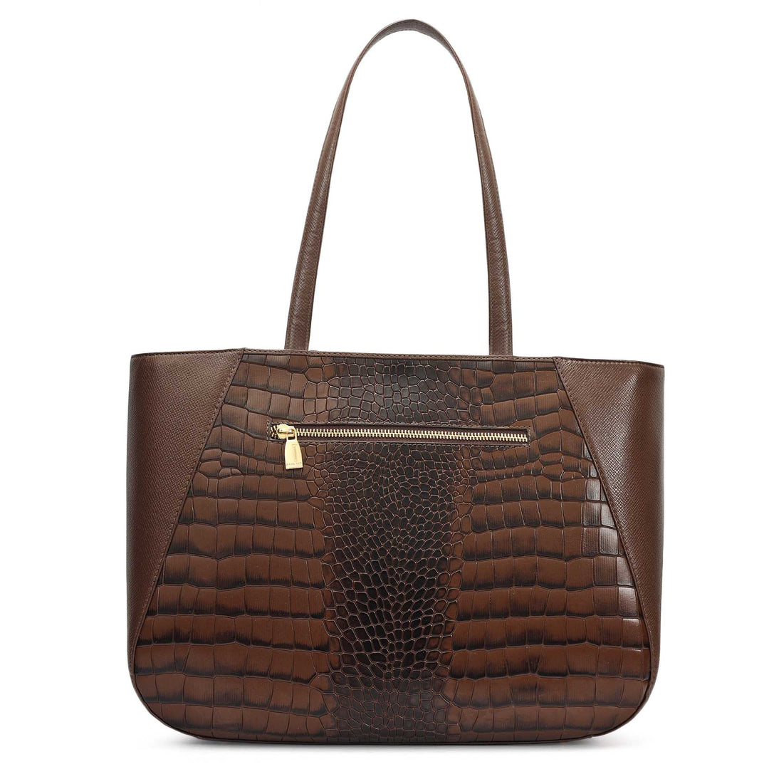 Large Croco Franzy Leather Tote - Walnut