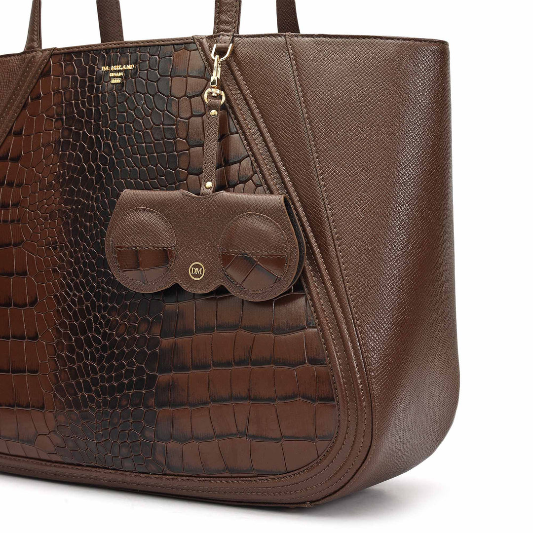 Large Croco Franzy Leather Tote - Walnut