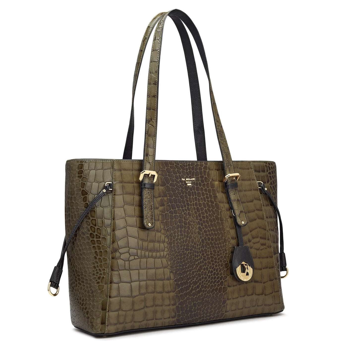 Large Croco Leather Tote - Military Green