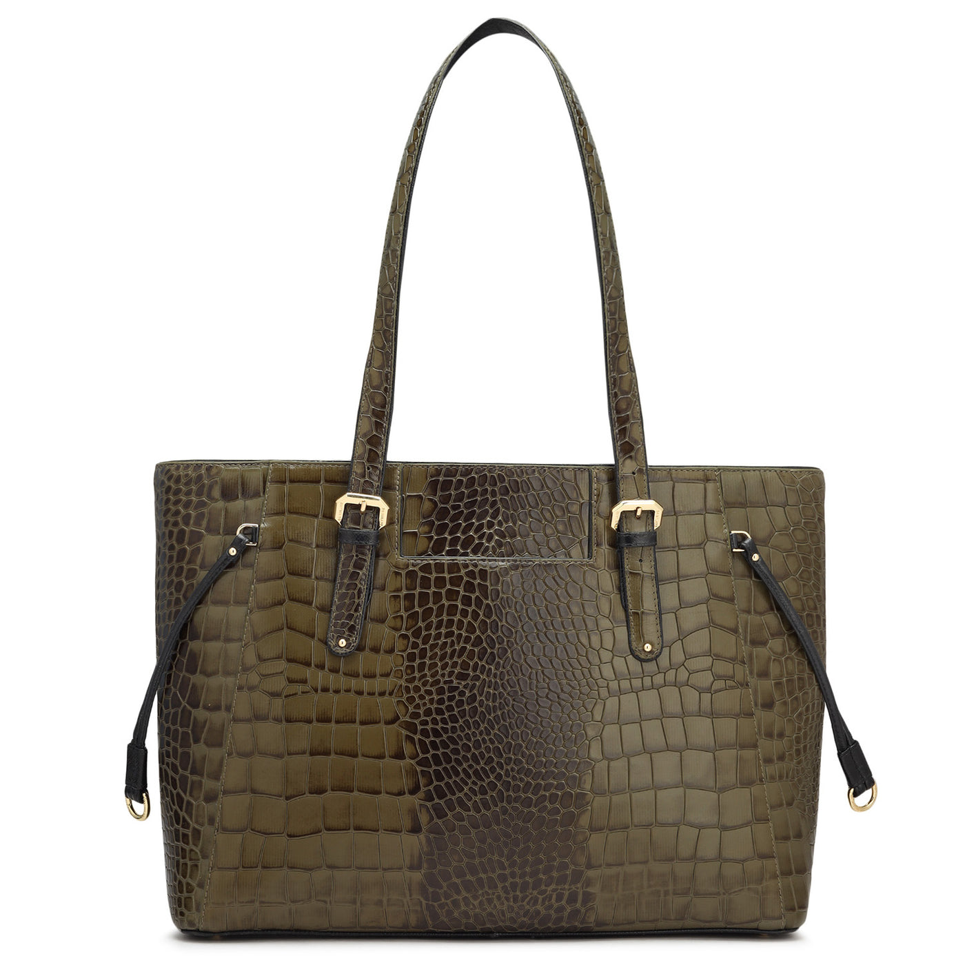 Large Croco Leather Tote - Military Green