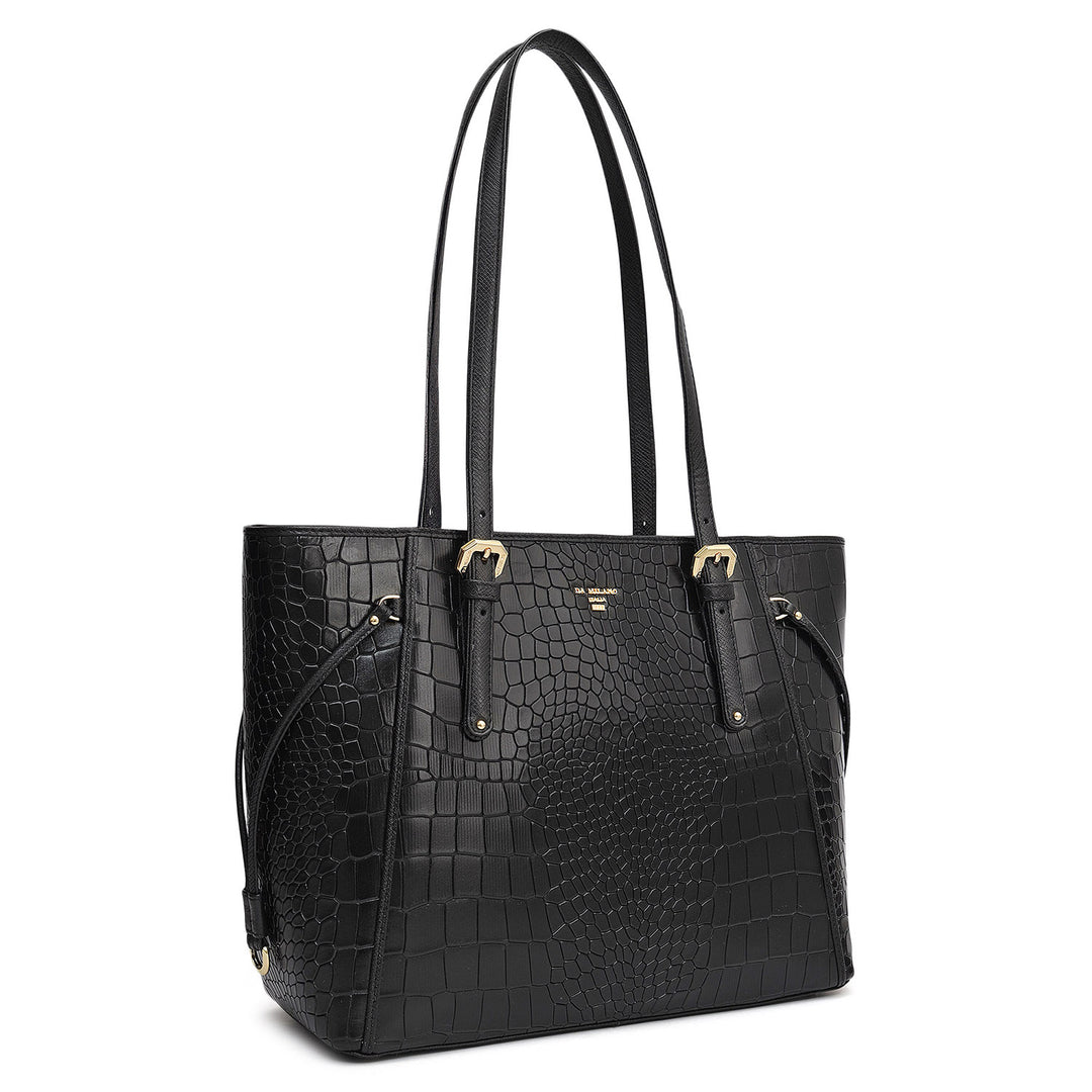 Small Croco Leather Tote - Black