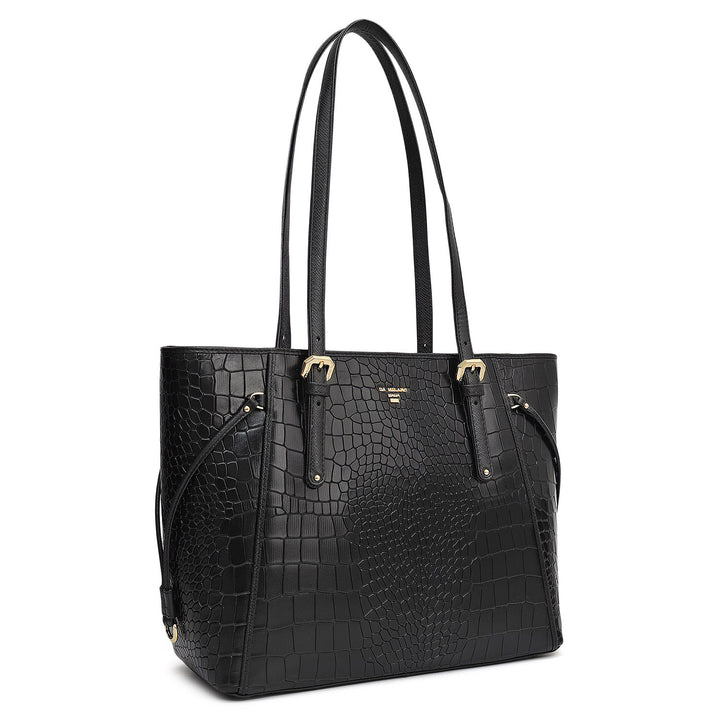 Small Croco Leather Tote - Black