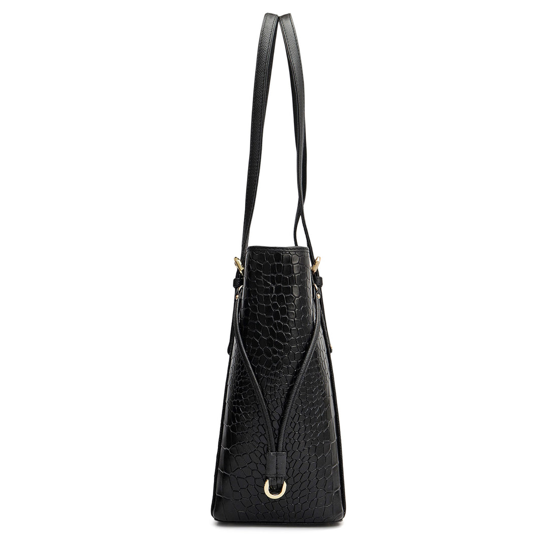 Small Croco Leather Tote - Black