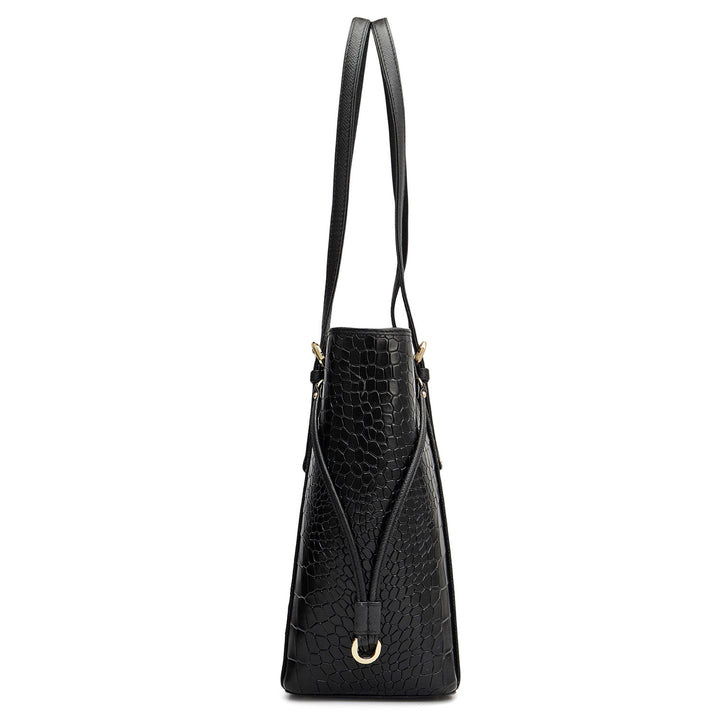 Small Croco Leather Tote - Black