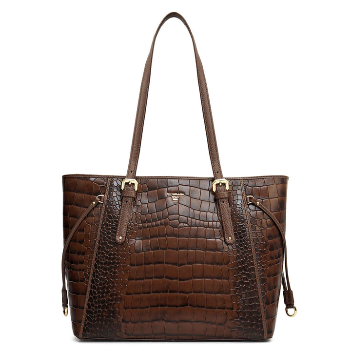 Small Croco Leather Tote - Walnut