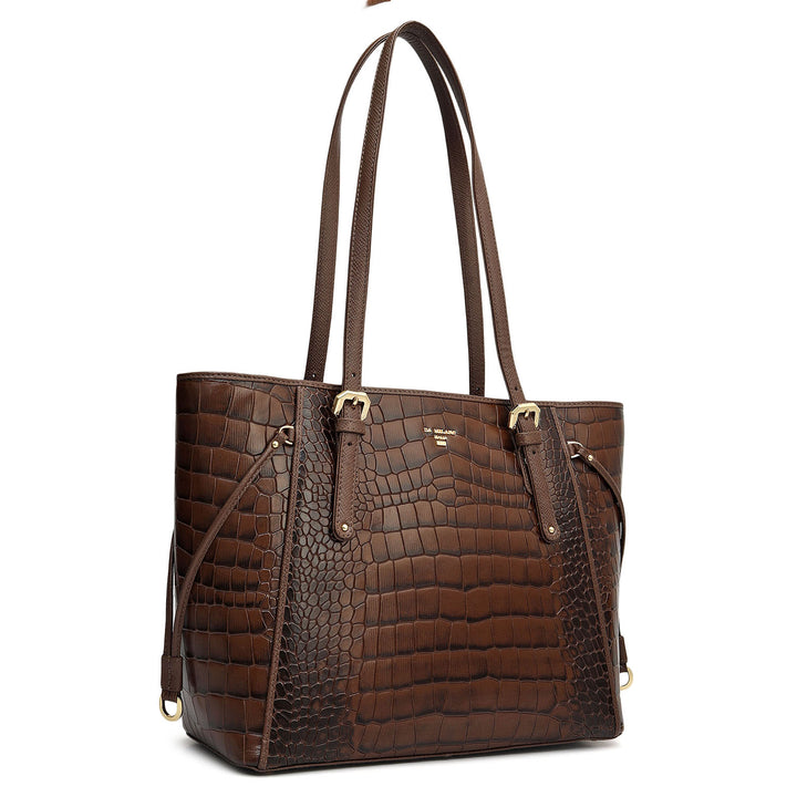 Small Croco Leather Tote - Walnut