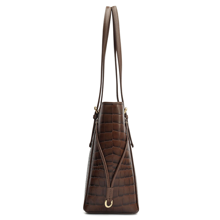 Small Croco Leather Tote - Walnut