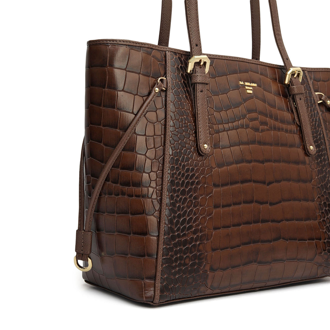 Small Croco Leather Tote - Walnut