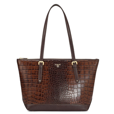 Medium Croco Leather Tote - Brown