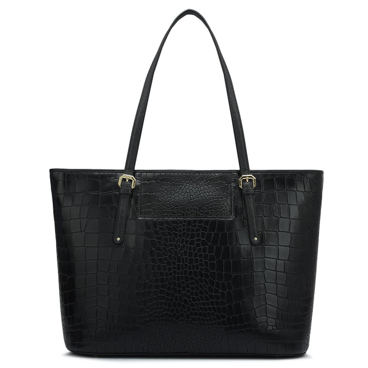 Large Croco Leather Tote - Black